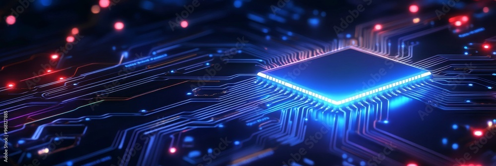 Poster a close-up of a modern circuit board with a glowing processor, symbolizing technology, innovation, c