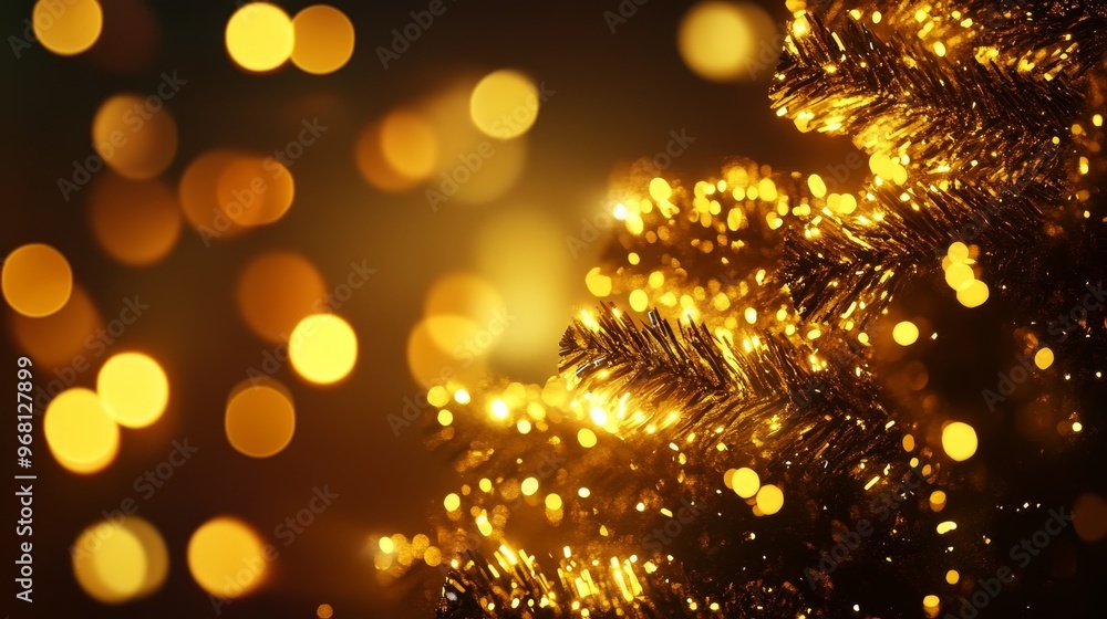Aufkleber a close-up of a golden christmas tree branch with sparkling bokeh lights in the background. the imag