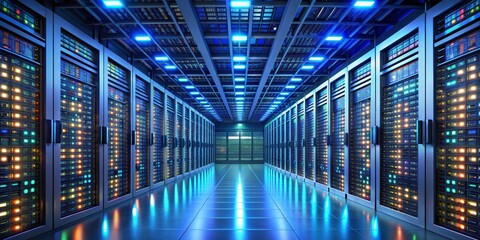 A Digital Corridor Blue and White Server Racks Glowing in a Data Center, 3D Render, Servers, Data Center, Technology