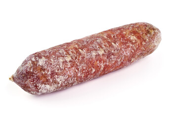 Cured winter salami sausage, Italian cuisine, isolated on white background