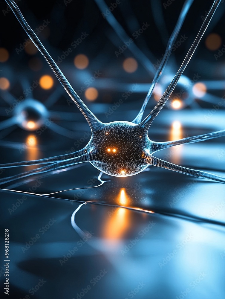 Poster a close-up of a glowing neural network, with a single neuron in focus. the neuron is surrounded by o