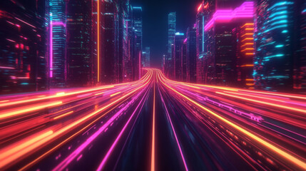 Fototapeta premium A glowing neon highway cuts through a modern city at night. The straight road stretches into the distance, giving a futuristic feel.