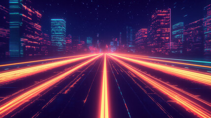 Obraz premium A glowing neon highway cuts through a modern city at night. The straight road stretches into the distance, giving a futuristic feel.