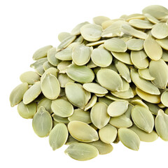 A close-up of a pile of pumpkin seeds. The seeds are a light green color and have a slightly mottled texture.