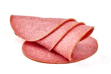 Thin salami sausage slices, isolated on white background