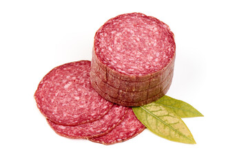 Smoked Milano Salami Sausage, isolated on white background