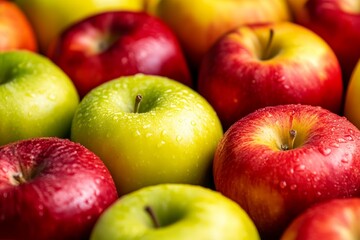 A close-up shot of a variety of fresh apples, showcasing their vibrant colors, dewy skin, and ripe textures. The image represents health, nourishment, and the bounty of nature.