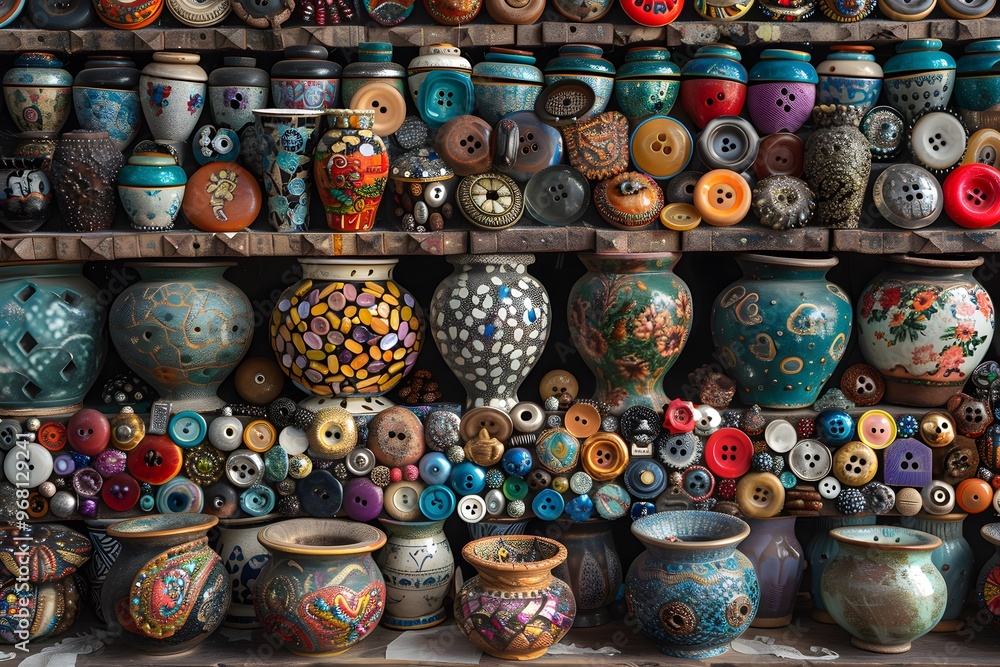 Poster a colorful display of handcrafted pots and buttons