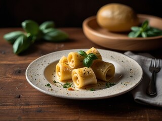Elegant Paccheri Pasta Rolls Topped with Fresh Basil and Seasoning