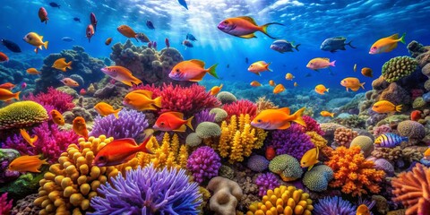 Fototapeta premium A Vibrant Underwater World with a Mix of Colorful Fish and Coral, Underwater Photography, Coral Reef, Ocean Life, Fish, Coral