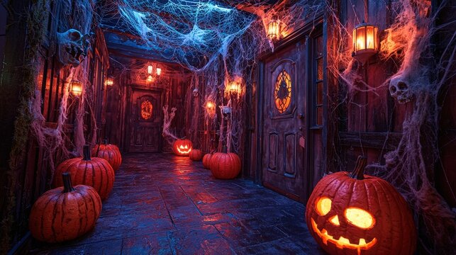 Family-friendly spooky games, including interactive ghost hunting, skeleton relay races, and creepy obstacle courses, all in a haunted mansion backdrop with cobwebs, eerie lighting, and glowing