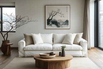 Naklejka premium Minimalist living room with natural decor and asian art