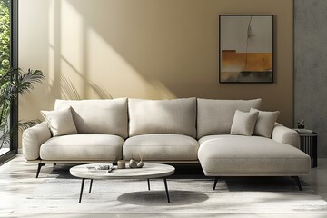Modern minimalist living room with cozy beige sofa and abstract art