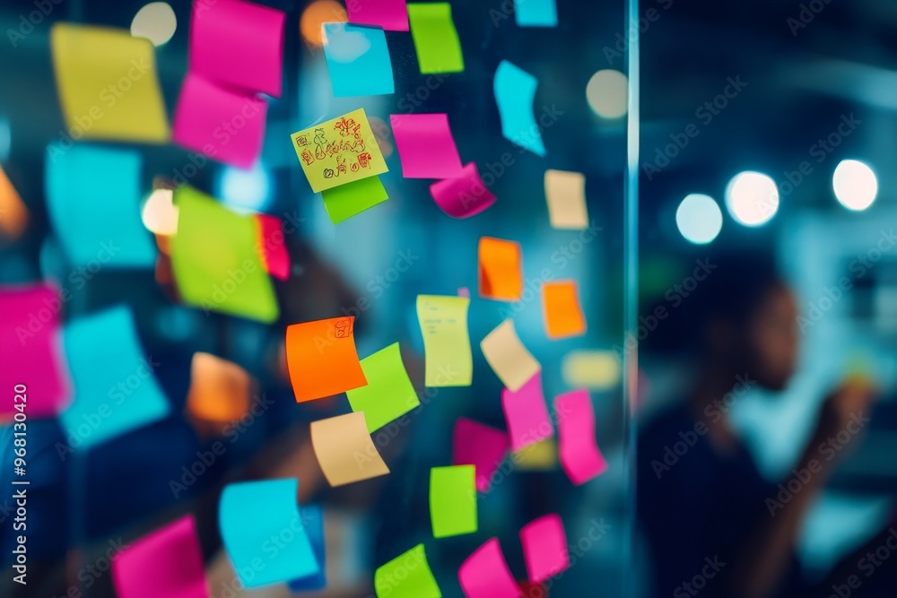 Poster a diverse team collaborates during a brainstorming session, using colorful sticky notes to capture i