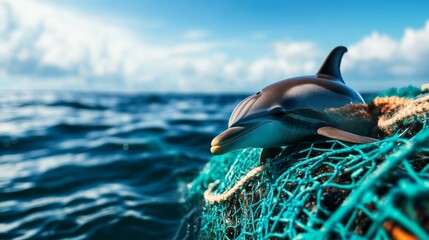 Obraz premium A dolphin, caught in a fishing net, symbolizes the devastating impact of human activities on marine life. The image highlights the urgent need to protect our oceans and reduce plastic pollution. This 