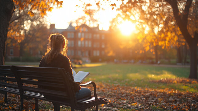 A student taking a well-deserved break, lounging on a campus bench with a book in hand and the sun shining down.