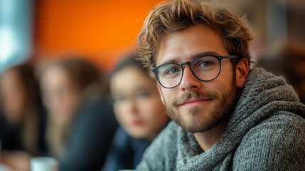 A professor engaging with students during a seminar, with lively discussions and ideas flowing around the room.