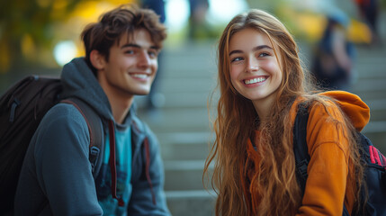 Students enjoying a quick meal of fast food and coffee in between classes, sitting on the steps of a campus building.