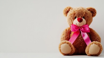 Obraz premium A fluffy brown teddy bear with a pink ribbon around its neck sits on a white background, symbolizing love, childhood innocence, comfort, joy, and friendship.