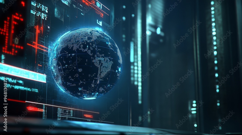 Poster a futuristic data center with a glowing globe representing global connectivity. it symbolizes data s