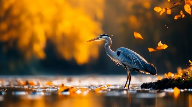 A grey heron stands majestically in a shallow body of water, its long beak and feathers catching the golden light of the setting sun. The tranquil scene evokes a sense of peace,  patience, and the bea