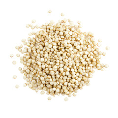 A close-up of uncooked white quinoa seeds, showcasing their small, round shape and creamy white color.