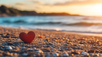 Fototapeta premium A heart-shaped rock rests on a sandy beach symbolizing love, tranquility, nature, romance, and serenity as the sun sets over the ocean.