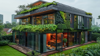 Fototapeta premium modern office building with solar panels on the roof and a green wall covered in plants