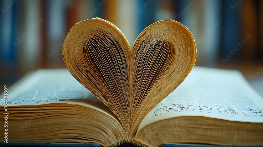 Poster Open book with pages folded into heart shape against bookshelf background.