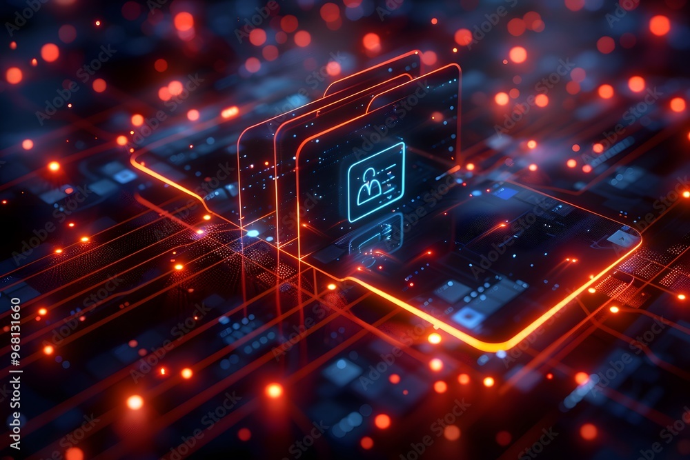 Poster digital data security concept with glowing folders and circuitry