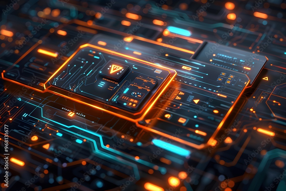 Poster futuristic digital interface with neon circuitry and data panels