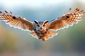 Obraz premium A magnificent owl with outstretched wings, soaring gracefully against a pristine white background. The owl's sharp gaze and powerful wings symbolize wisdom, focus, and freedom. The isolated setting em