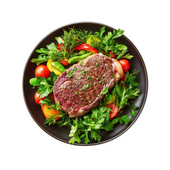 Grilled Steak with Fresh Vegetables on a Black Plate