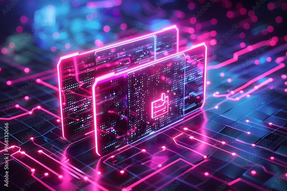 Poster futuristic digital folders with neon circuitry and data patterns
