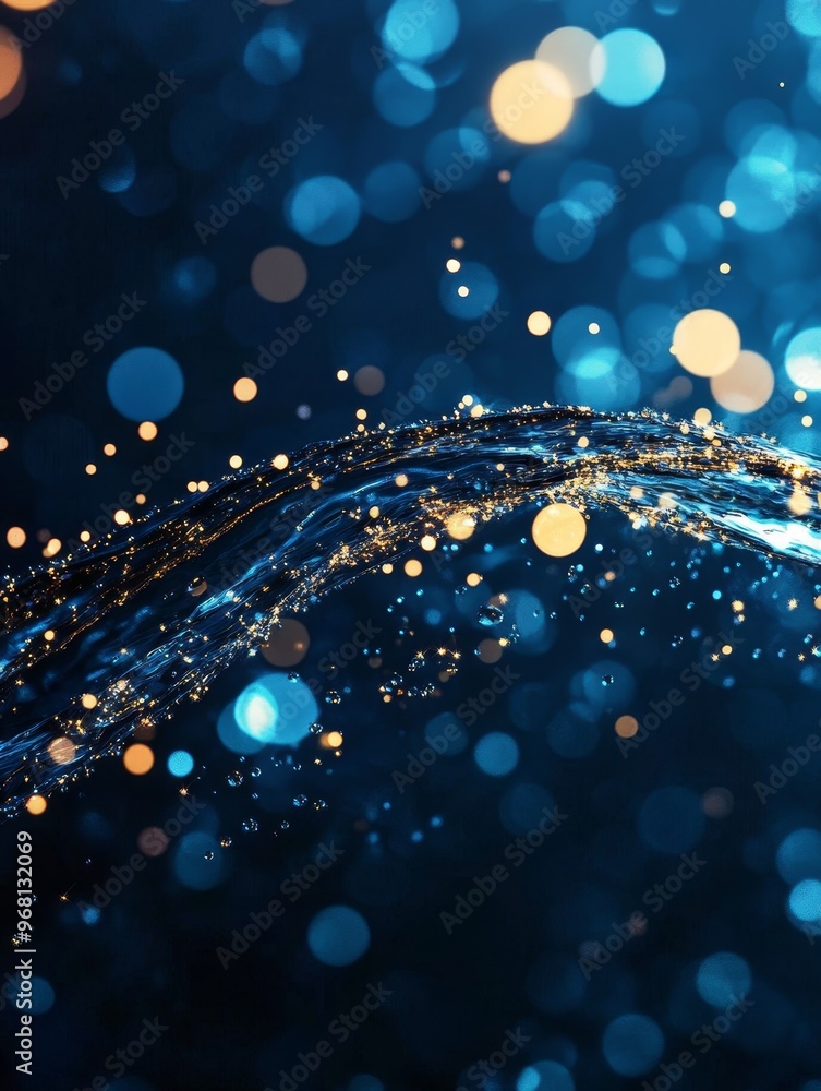 Poster a mesmerizing abstract image of a water wave with glowing bubbles and bokeh lights. the image evokes