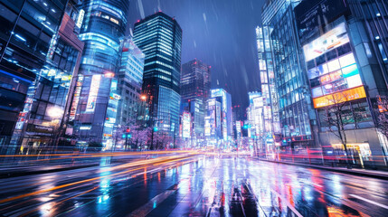 Obraz premium A modern city with vibrant lights and towering buildings. Perfect backdrop for showcasing cutting-edge technology.