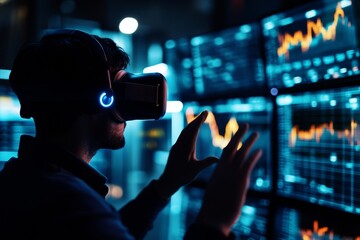 A man wearing a VR headset interacts with financial data displayed on multiple screens in a futuristic office setting. The VR experience allows for immersive data visualization and analysis, highlight