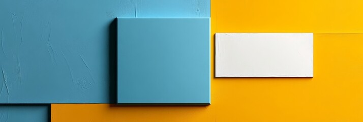 Fototapeta premium A minimalist abstract background featuring a blue square on a yellow surface. A white rectangle is placed beside the blue square, creating a sense of contrast and balance. The composition evokes feeli
