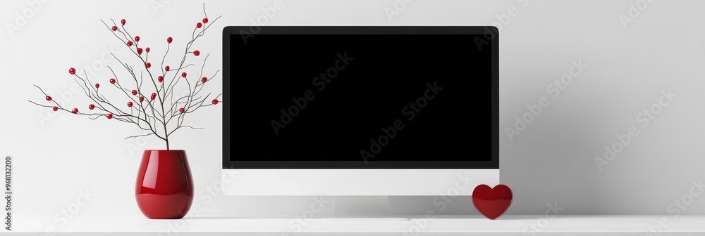 Poster a modern desktop computer with a blank screen, ready for your design, sits on a white table. a red h