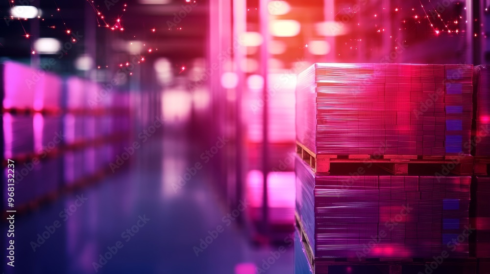 Poster a modern logistic warehouse with rows of stacked pallets representing efficient inventory management