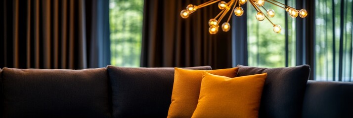 A modern living room featuring a dramatic statement light fixture over a plush sofa with  comfortable cushions. The room is bathed in natural light streaming through the windows. The image evokes a se