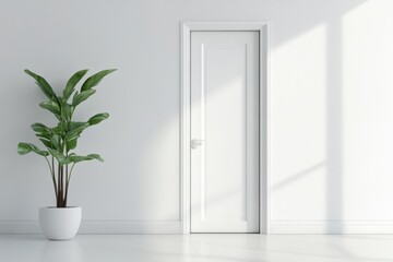 A minimalistic living room interior featuring a white door, a single potted plant, and sunlight streaming through a window casting soft shadows on the white walls. The simplicity and light create a se