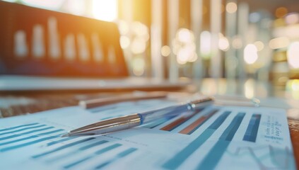 Financial charts and graphs on an office desk, with a pen resting beside graph on a table in a modern office setting, a visual representation of data analysis, strategy, and progress.