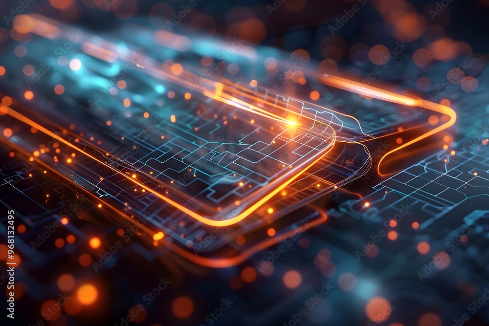 Poster futuristic digital circuitry with glowing lines and particles