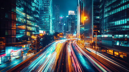 Fototapeta premium A modern city with vibrant lights and towering buildings. Perfect backdrop for showcasing cutting-edge technology.