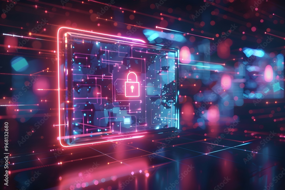 Poster futuristic digital lock concept with neon lights and data flow