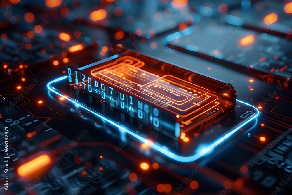 Poster futuristic circuit board with glowing data elements