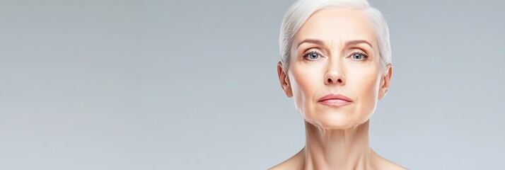 A portrait of an older woman with a short white haircut, showcasing natural wrinkles and a confident expression. Her youthful spirit and aging beauty are evident, symbolizing maturity, self-acceptance