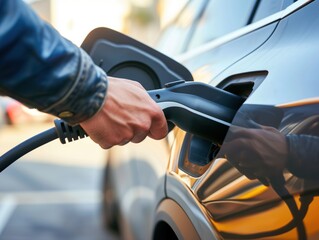  Male hand plugging charger into an electric car, modern vehicle and sustainable energy &ndash; concept for electromobility and renewable energy