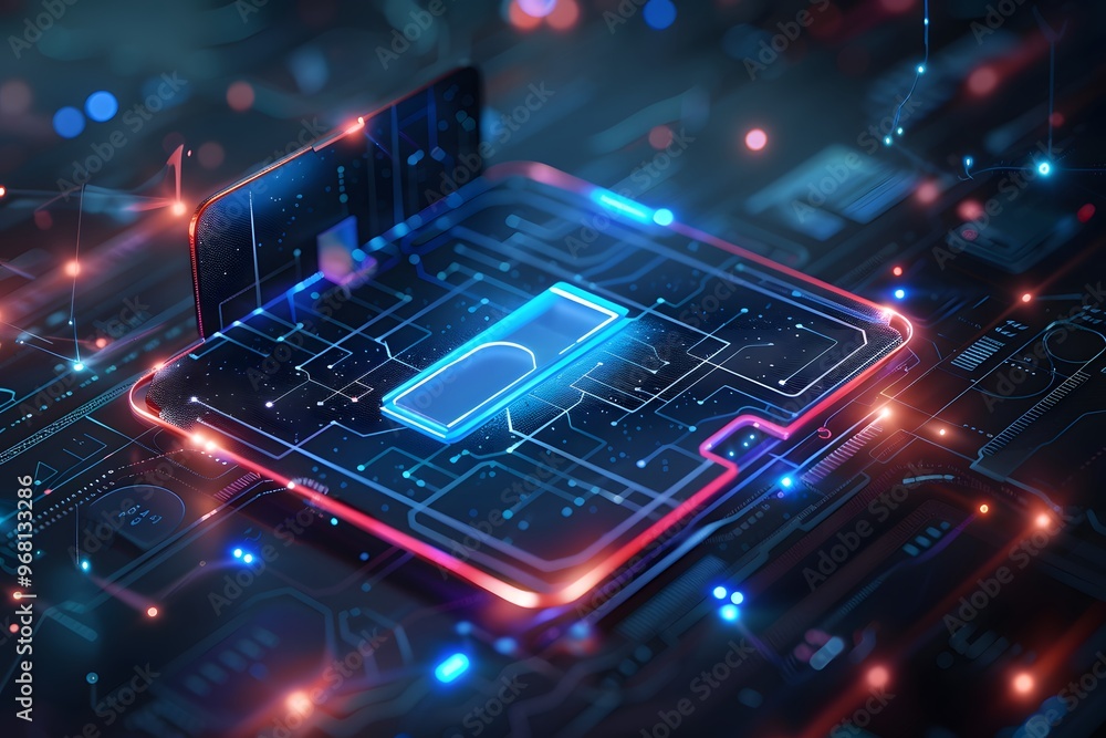 Poster futuristic circuit board with glowing elements and a central chip design